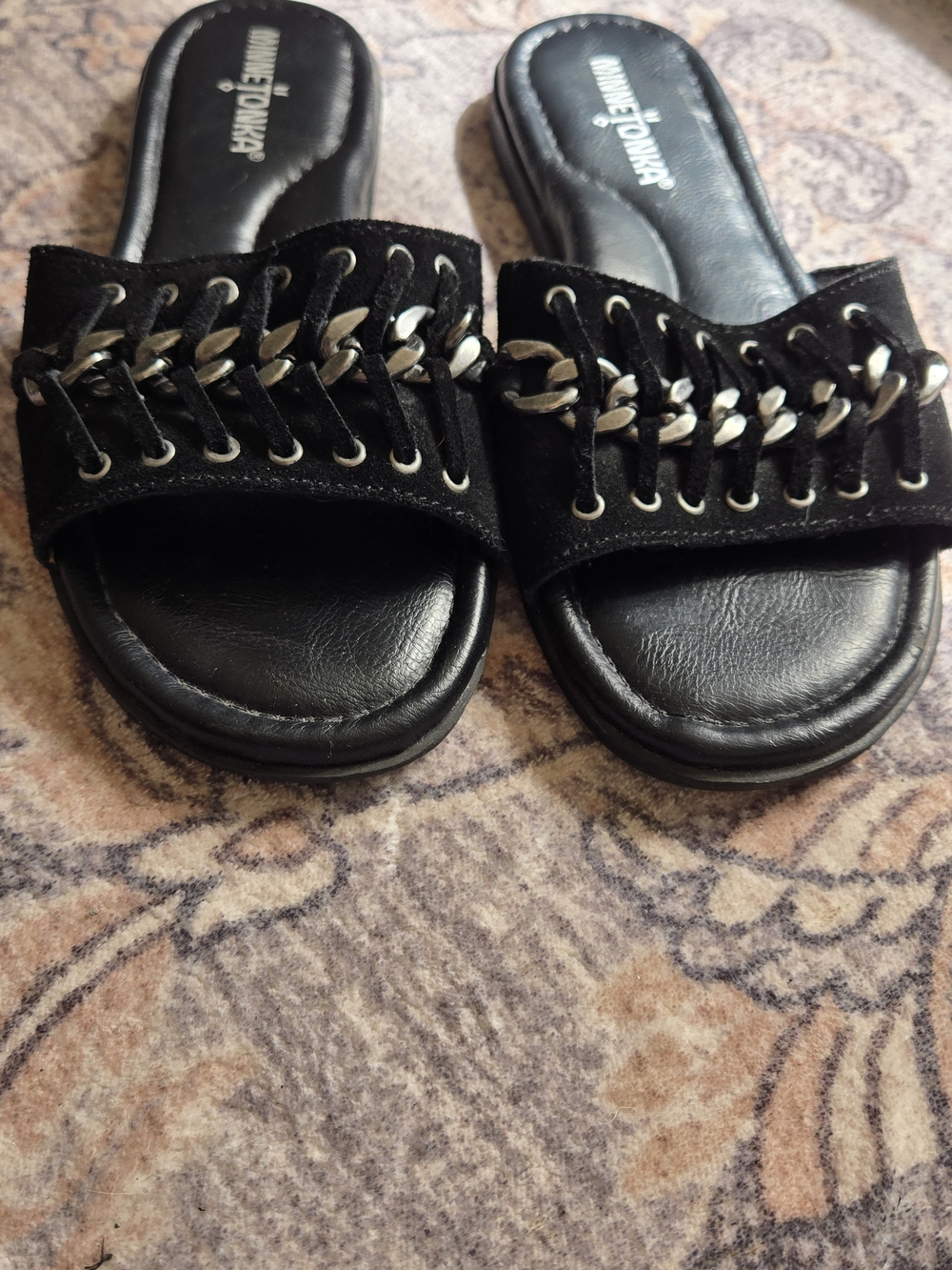 Minnetonka Black Suede Slide Sandals
